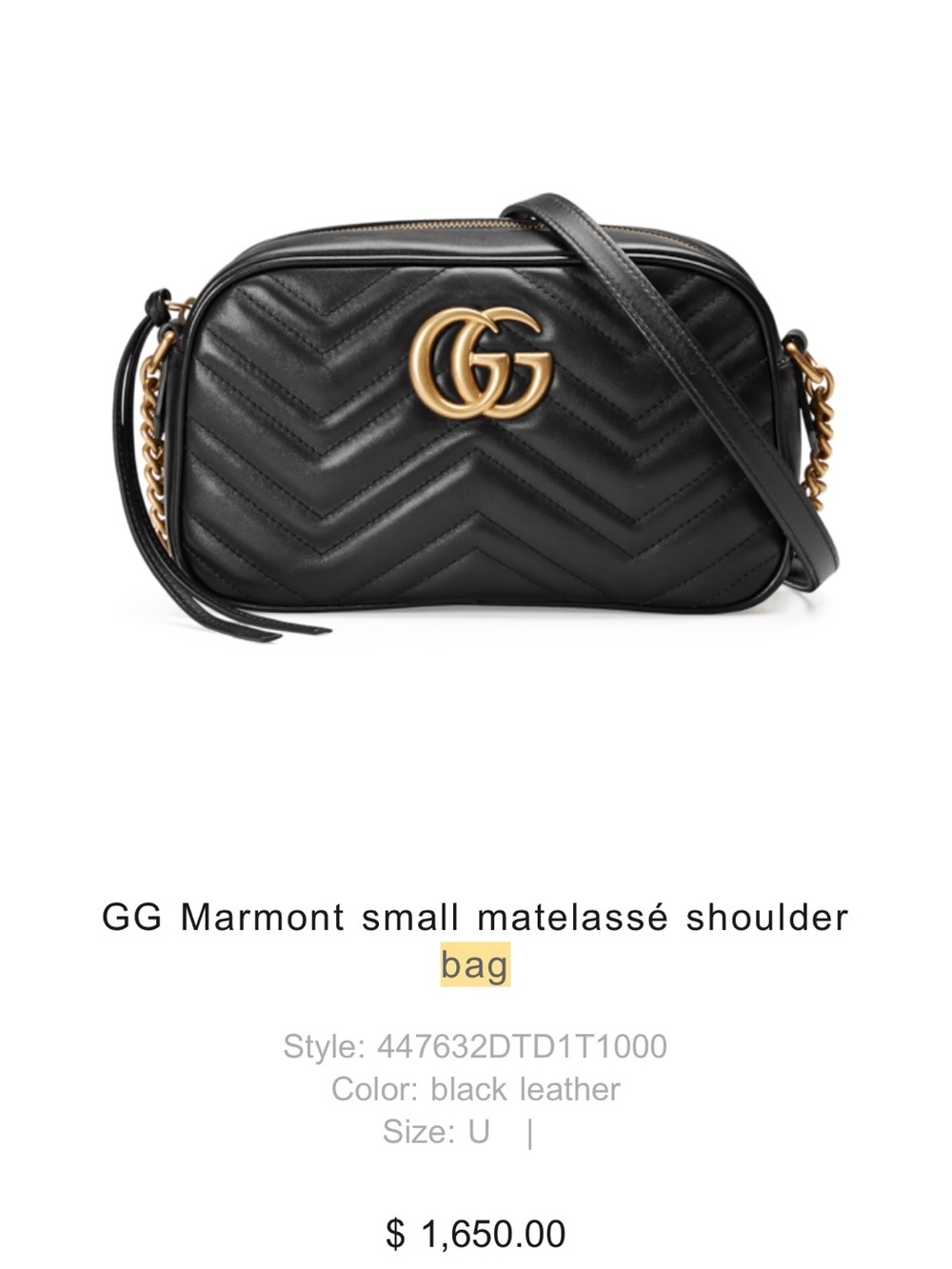 Gucci Black Matelassé Chevron Leather Shoulder Bag with Gold Hardware